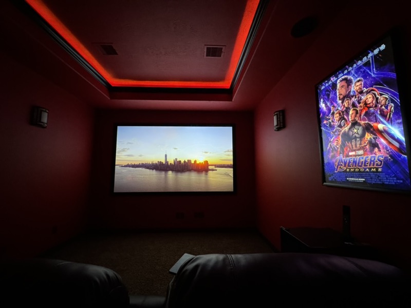 Custom Home Theater Installation with Red LED Cove Lighting