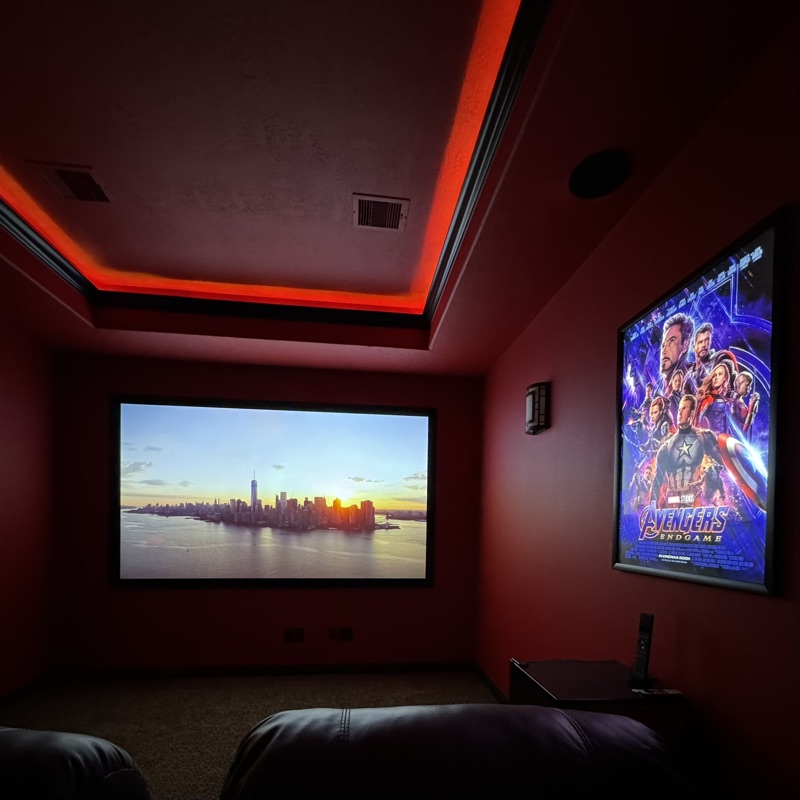 Custom Red Home Theater Room with Projector and LED Lighting